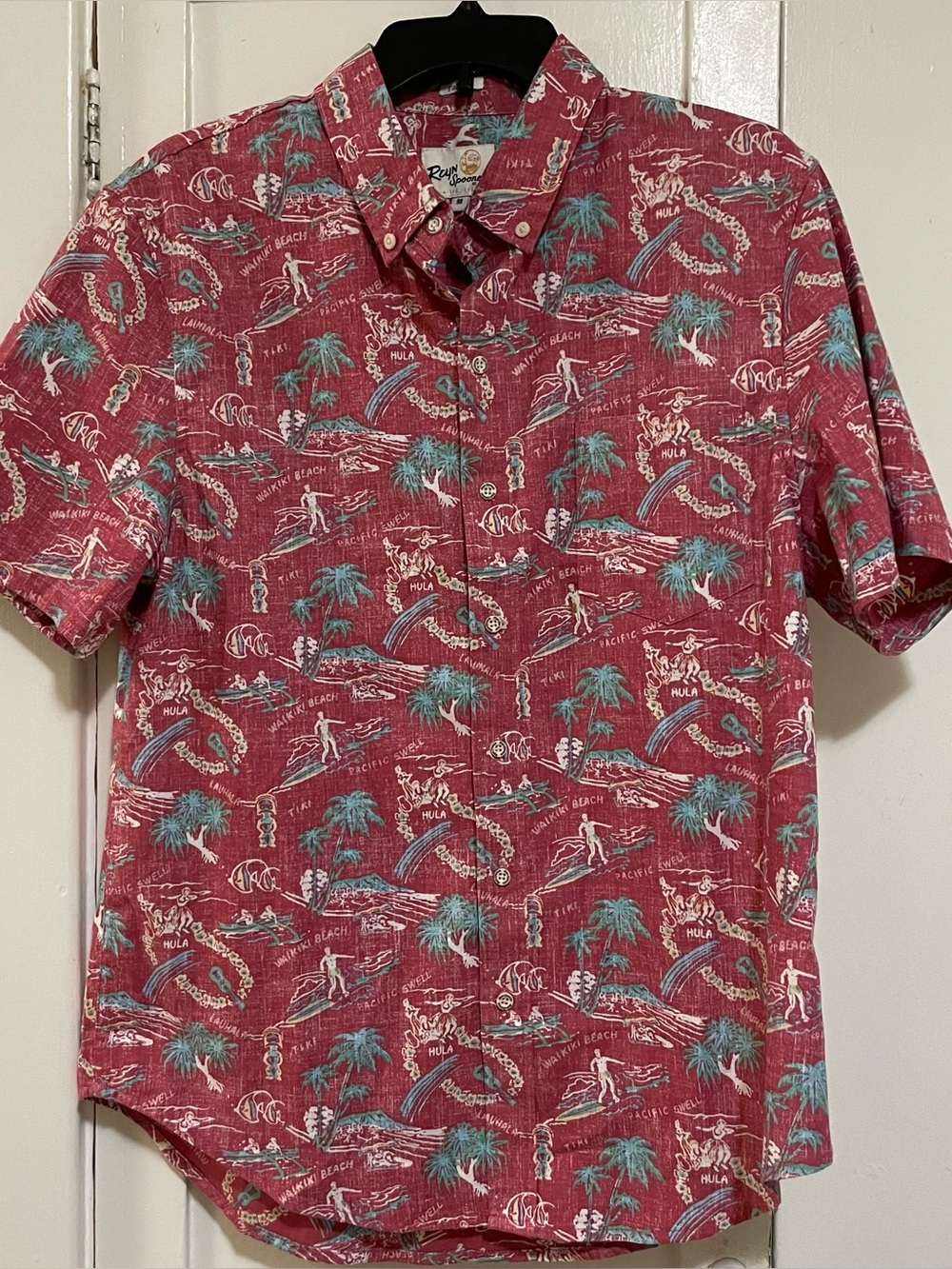 reyn spooner Maroon Hawaiian waikiki tropical Print Short-Sleeve shirt medium